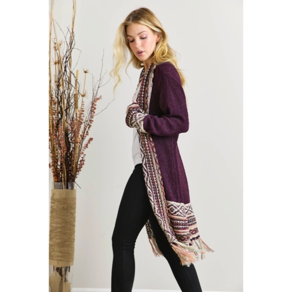 SOLD OUT Burgundy Bohemian Tribal Aztec Print Fringe Open Front Cardigan Knit - Picture 3 of 4